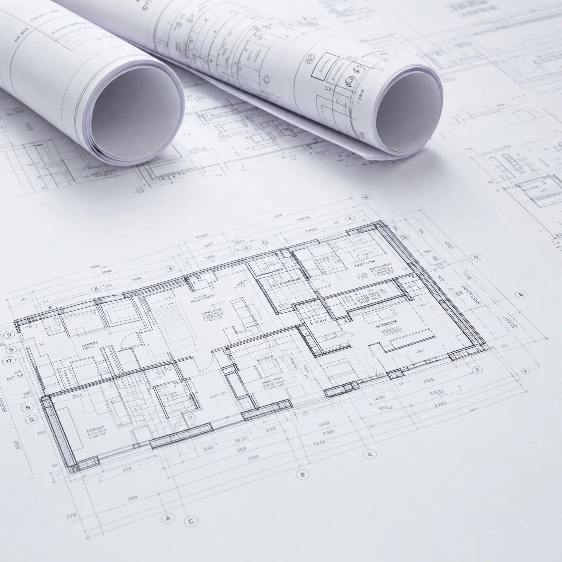 Landscape architect's desk with hand-drawn site plans, scale rule and stone and timber samples