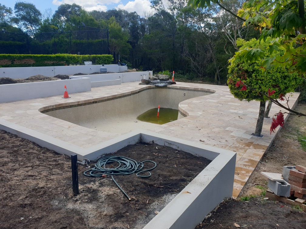 During construction - pool renovation and paved surrounds before planting in North Turramurra