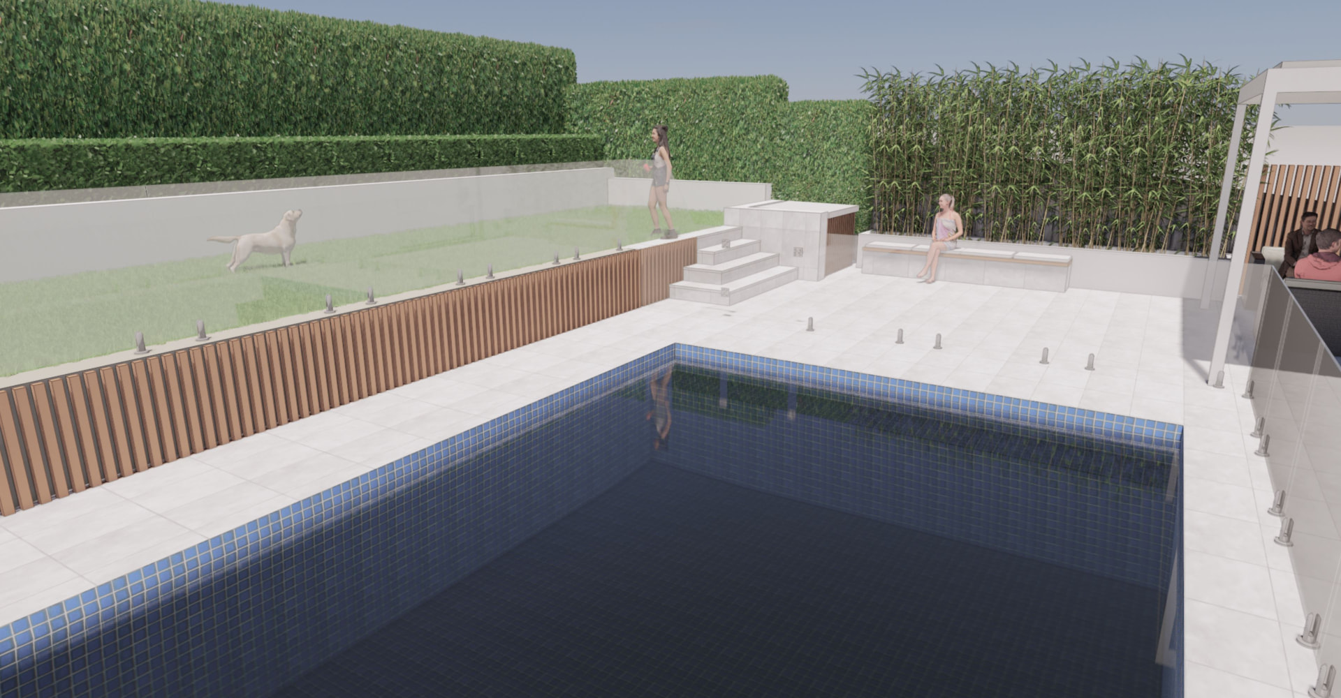 3D concept render of the Riverview pool, timber battened fence, bench seating and lawn terrace