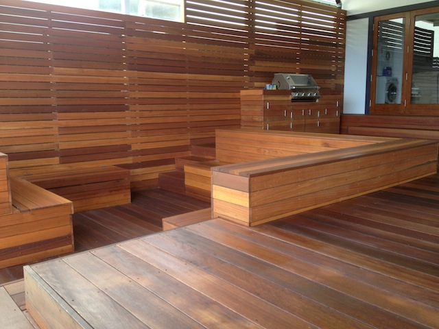 Kingsford outdoor entertaining deck with built-in BBQ, hardwood screening and bench seating