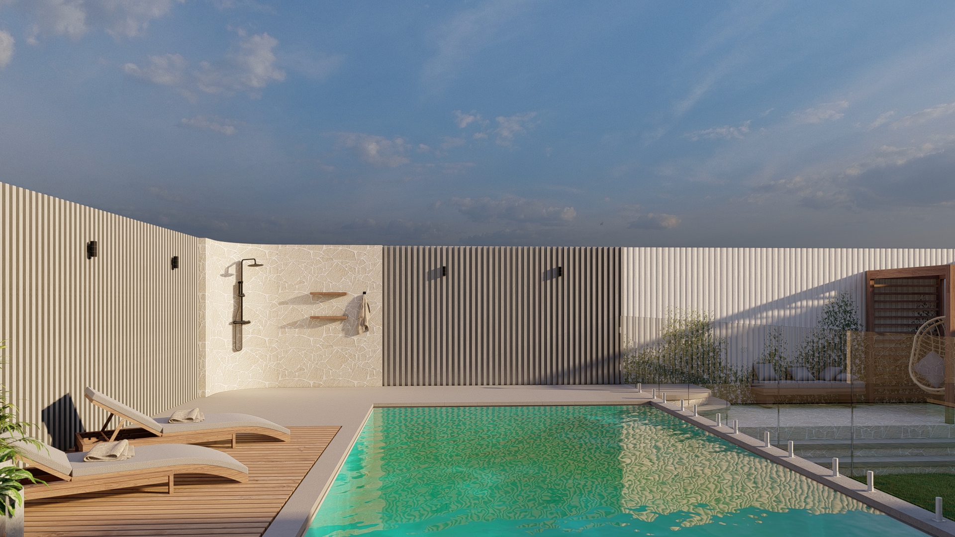 Poolside design render with timber deck loungers, outdoor shower and stone feature wall