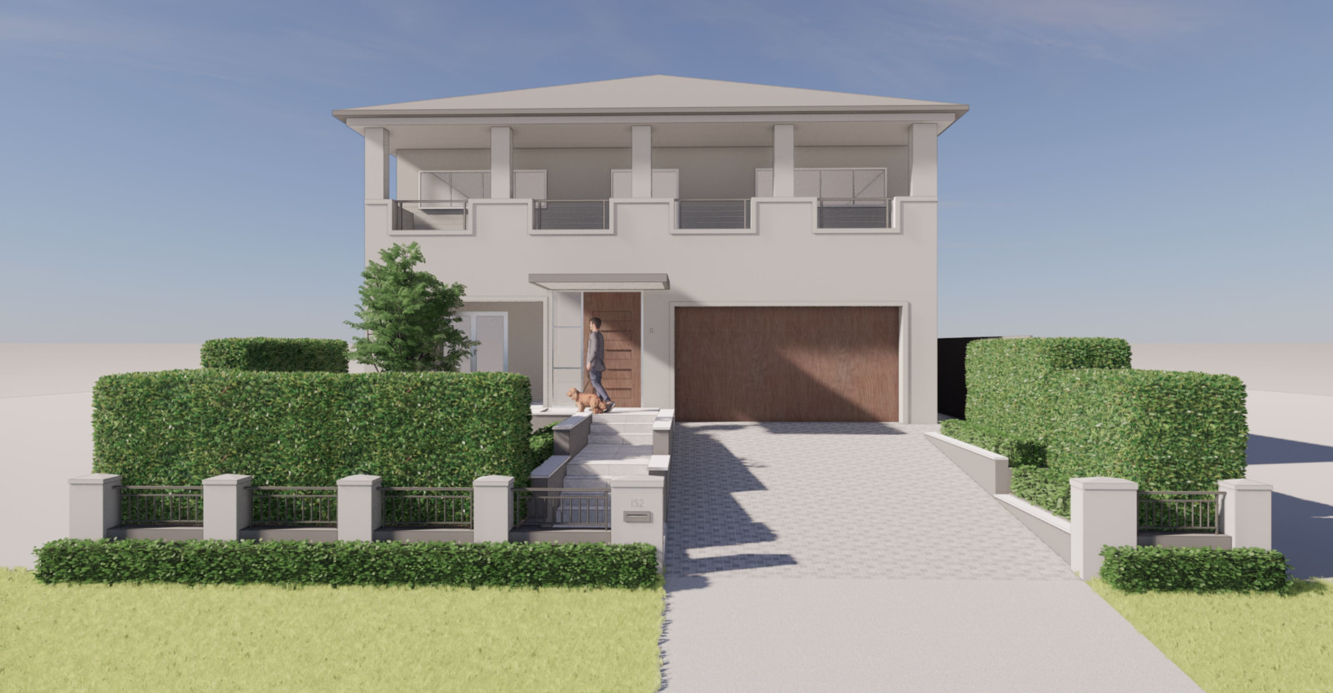 3D concept render of the Riverview home frontage with hedges, fence and paved entrance