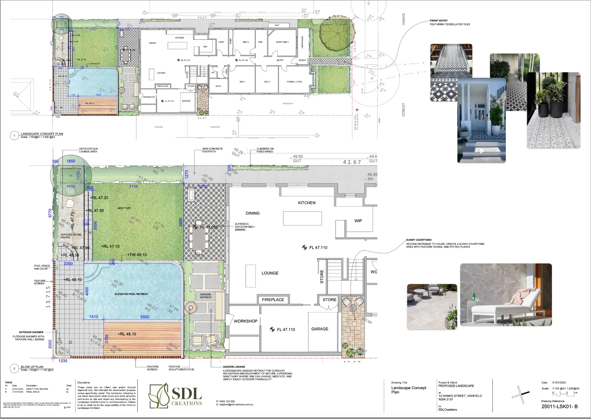 Landscape concept plan for an Ashfield property showing pool retreat, alfresco dining and garden zones