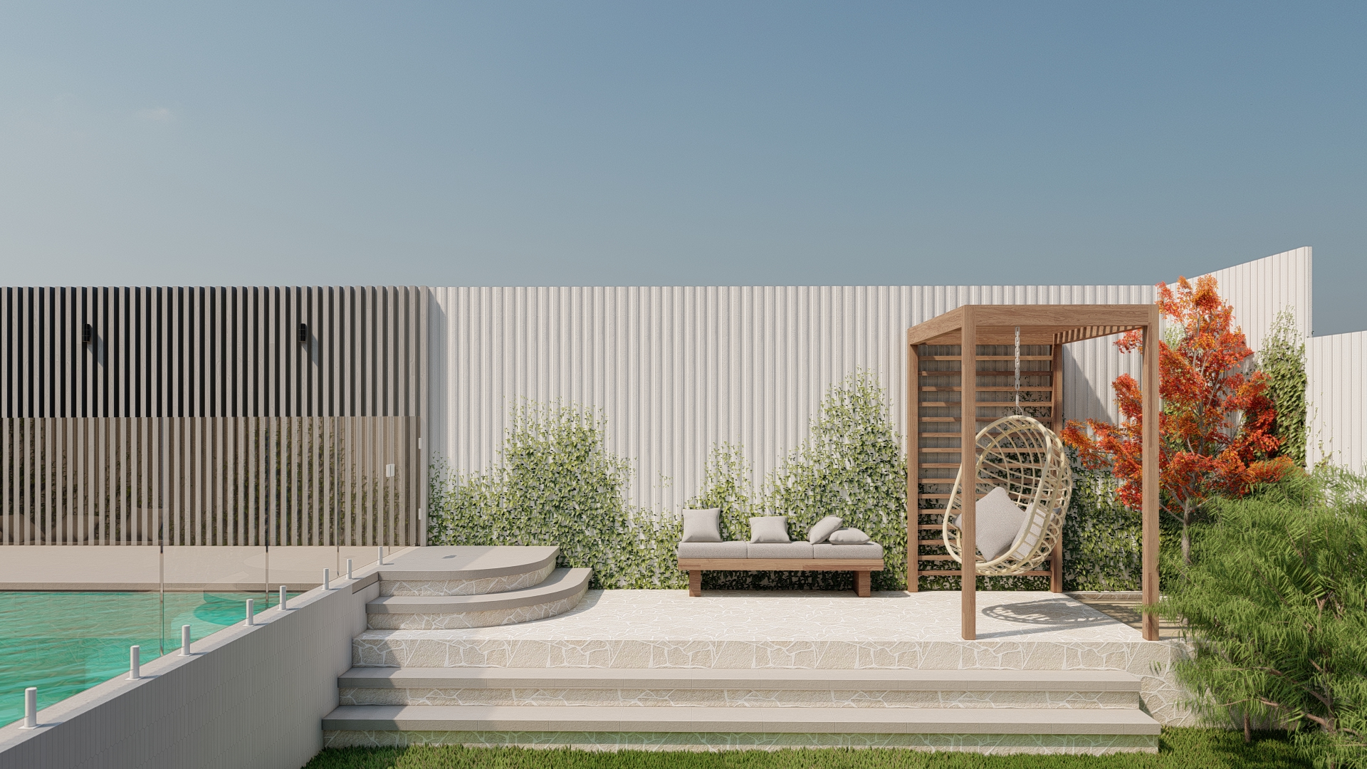 Landscape design render of pool terrace with sun lounge, hanging chair and curved stone steps
