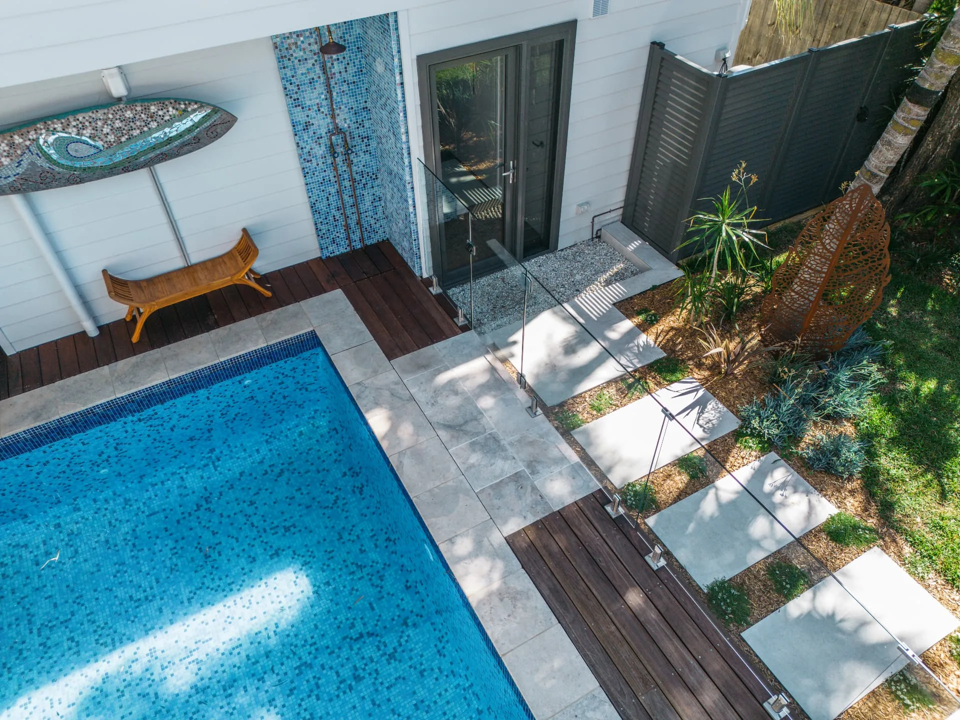Aerial view of the Freshwater pool area and gardens