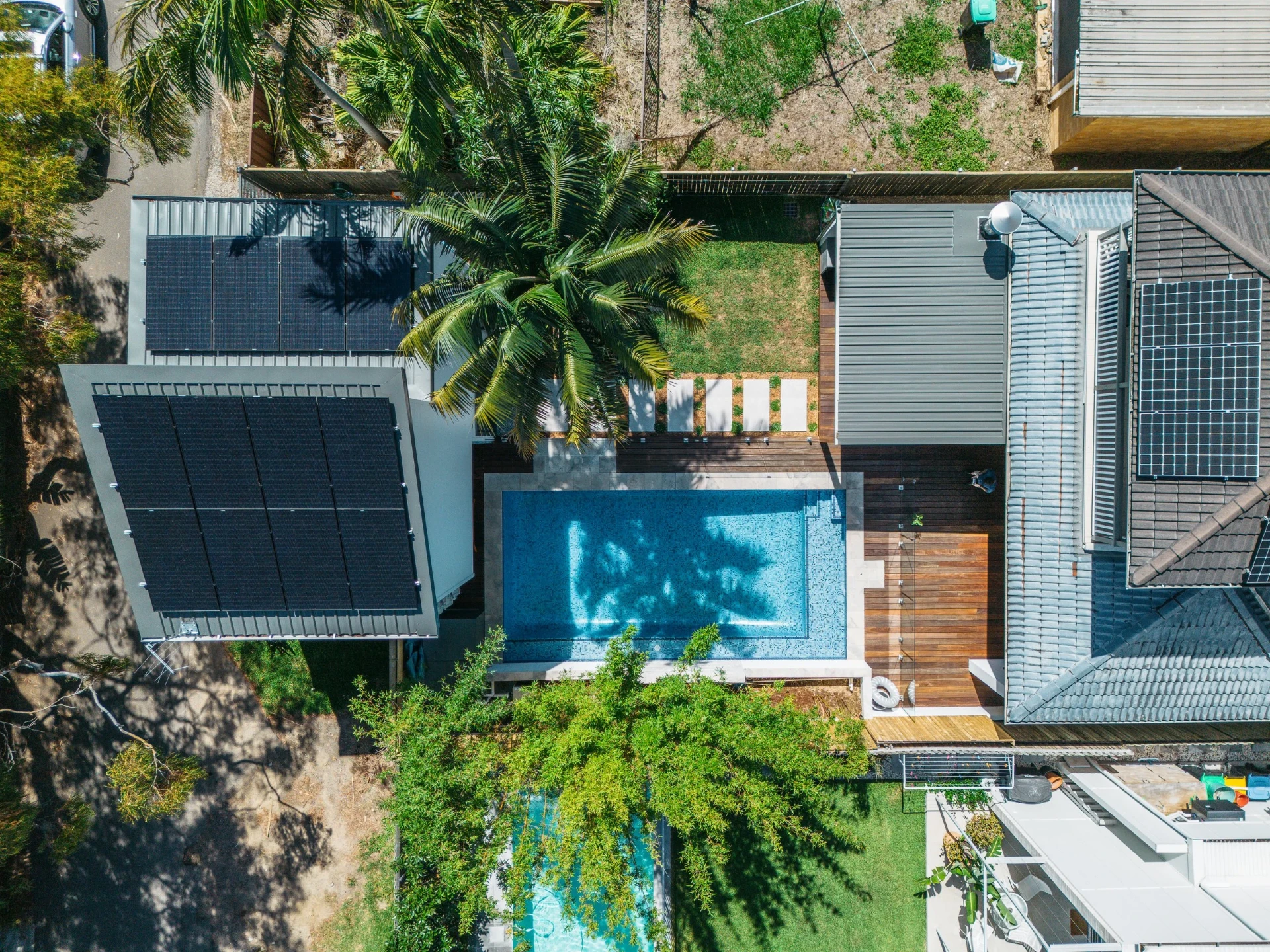 Aerial view of the Freshwater property showing the pool, outdoor room and gardens