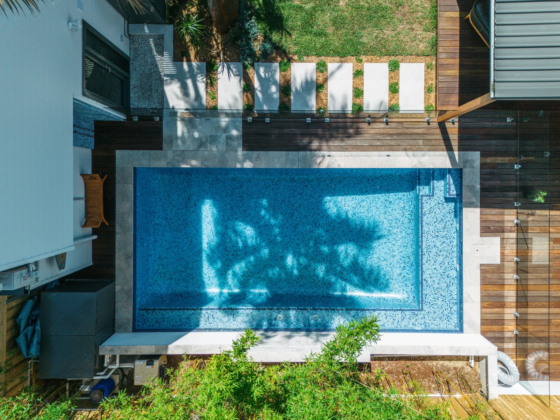 Aerial view of the renovated Freshwater pool, decking and step stone path