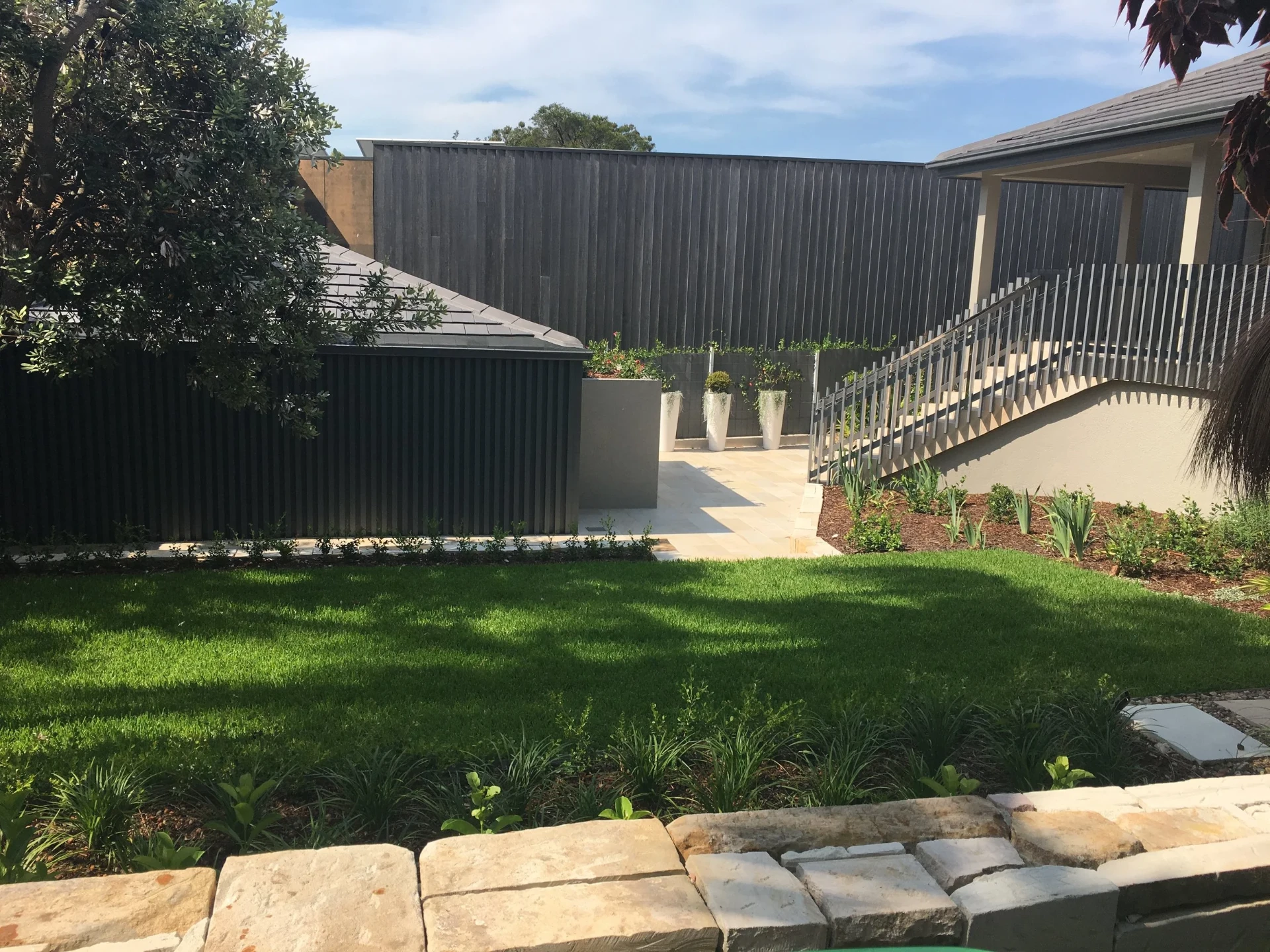 New turf lawn and freshly planted garden beds leading to a stone paved terrace in Mosman